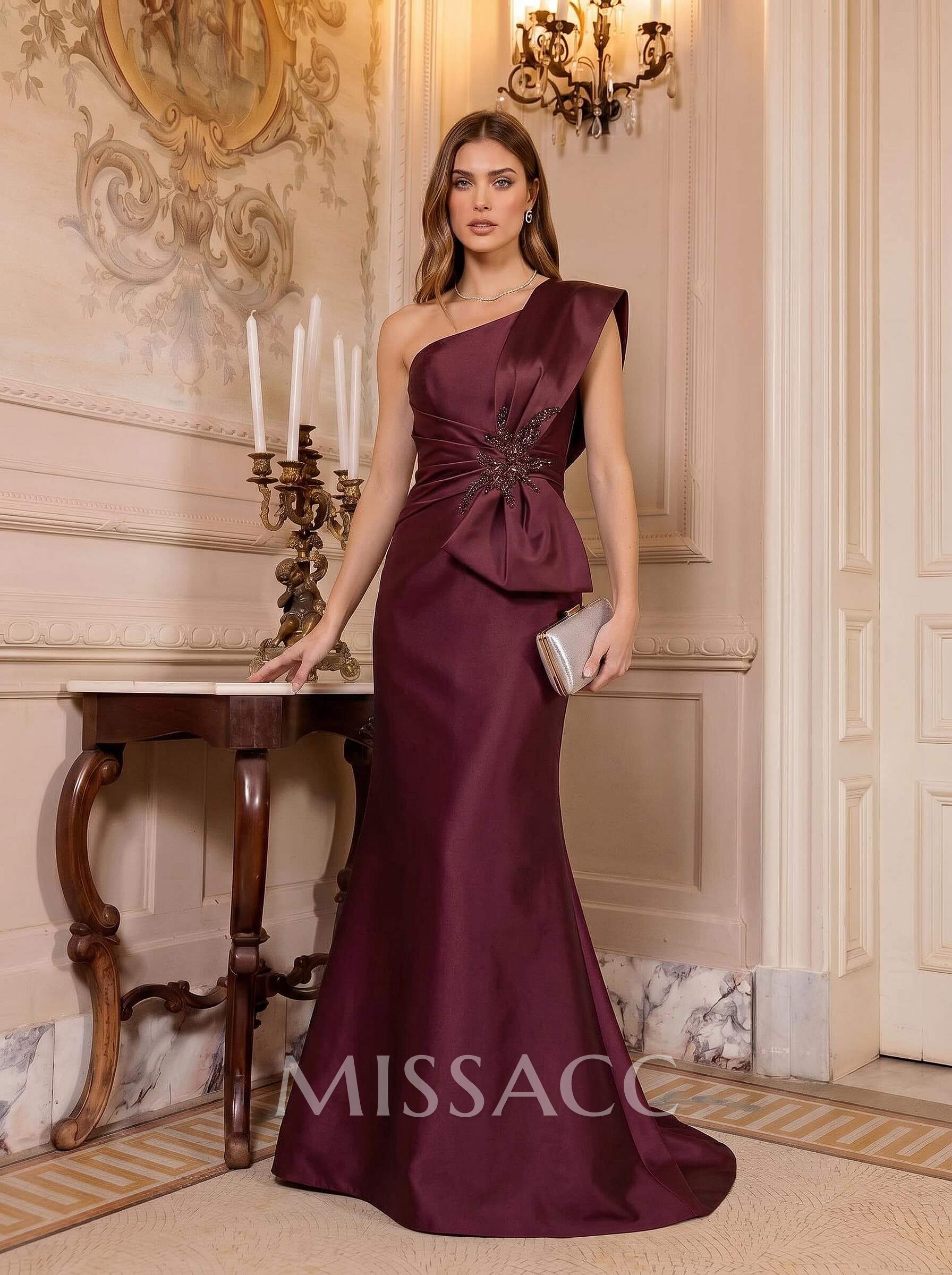 Trumpet/Mermaid One-Shoulder Sleeveless Sweep Train Satin Mother Of The Bride Dresses With Bow(s)/Rhinestone Trumpet/Mermaid One-Shoulder Sleeveless Sweep Train Satin Mother Of The Bride Dresses With Bow(s)/Rhinestone