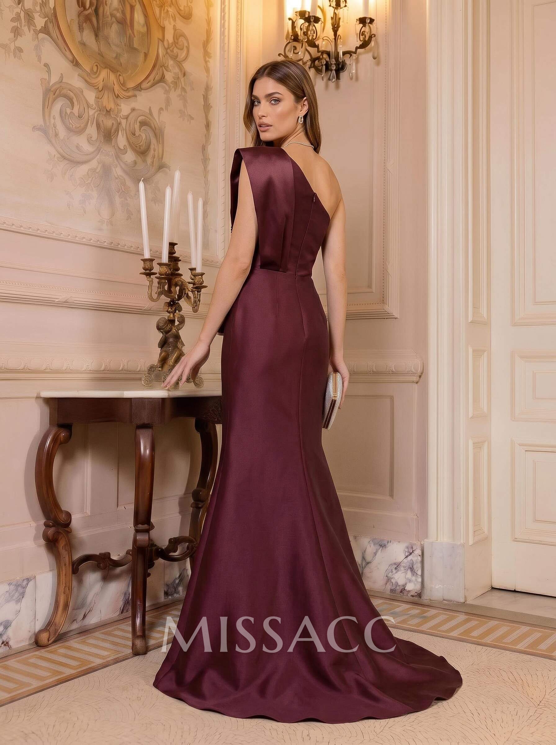 Trumpet/Mermaid One-Shoulder Sleeveless Sweep Train Satin Mother Of The Bride Dresses With Bow(s)/Rhinestone Trumpet/Mermaid One-Shoulder Sleeveless Sweep Train Satin Mother Of The Bride Dresses With Bow(s)/Rhinestone