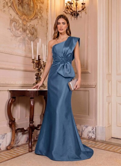Trumpet/Mermaid One-Shoulder Sleeveless Sweep Train Satin Mother Of The Bride Dresses With Bow(s)/Rhinestone