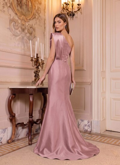 Mermaid/Trumpet One-Shoulder Sleeveless Sweep Train Satin Mother Of The Bride Dress With Bow And Diamanté