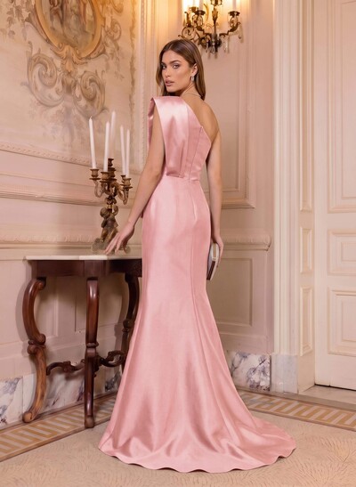 Trumpet/Mermaid One-Shoulder Sleeveless Sweep Train Satin Mother Of The Bride Dresses With Bow(s)/Rhinestone