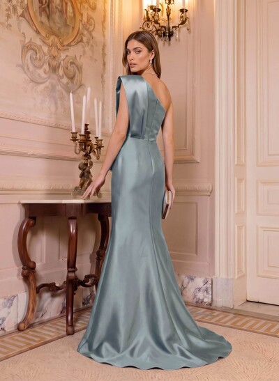 Trumpet/Mermaid One-Shoulder Sleeveless Sweep Train Satin Mother Of The Bride Dresses With Bow(s)/Rhinestone