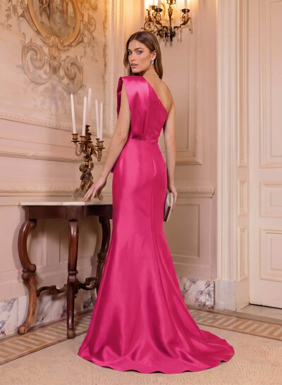 Trumpet/Mermaid One-Shoulder Sleeveless Sweep Train Satin Mother Of The Bride Dress With Bows And Rhinestones