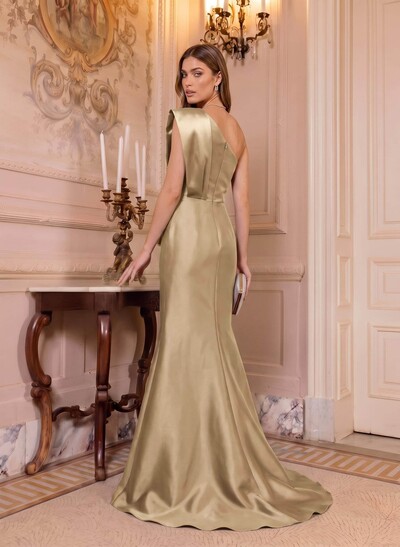 Trumpet/Mermaid One-Shoulder Sleeveless Sweep Train Satin Mother Of The Bride Dresses With Bow(s)/Rhinestone