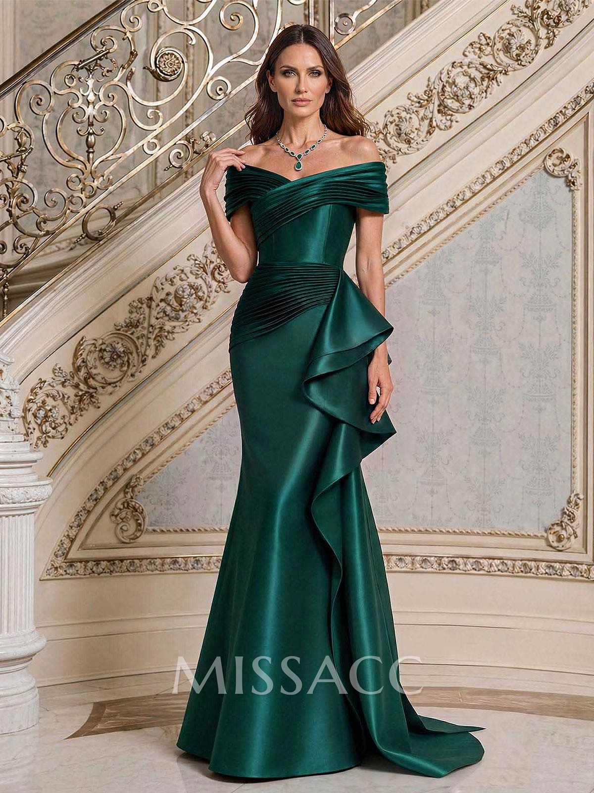Trumpet/Mermaid Off-The-Shoulder Sweep Train Satin Mother Of The Bride Dresses With Ruffle/Pleated/Sweeping Side Drape Trumpet/Mermaid Off-The-Shoulder Sweep Train Satin Mother Of The Bride Dresses With Ruffle/Pleated/Sweeping Side Drape