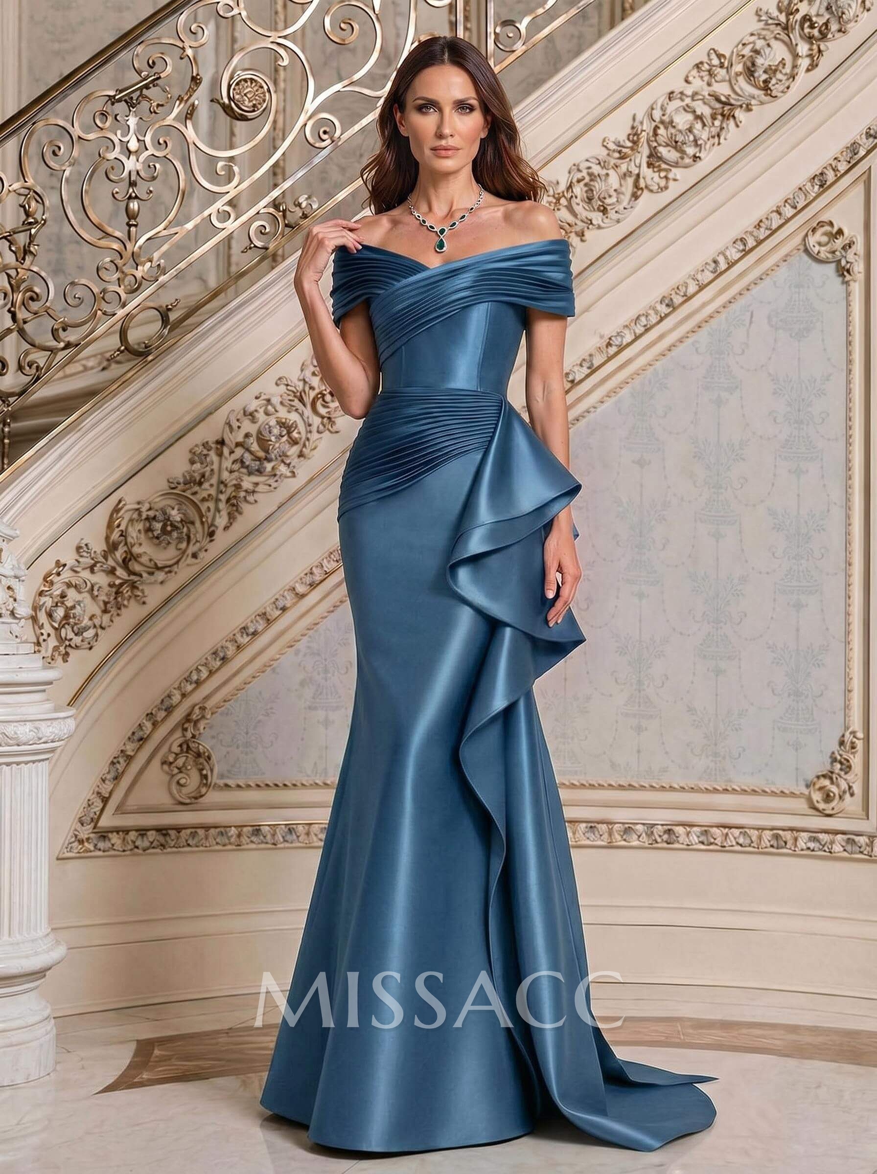 Trumpet/Mermaid Off-The-Shoulder Sweep Train Satin Mother Of The Bride Dresses With Ruffle/Pleated/Sweeping Side Drape