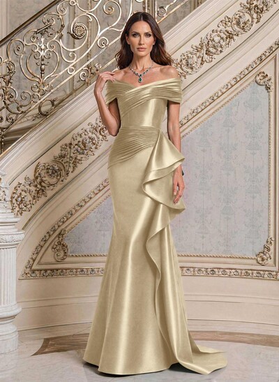 Trumpet/Mermaid Off-The-Shoulder Sweep Train Satin Mother Of The Bride Dresses With Ruffle/Pleated/Sweeping Side Drape