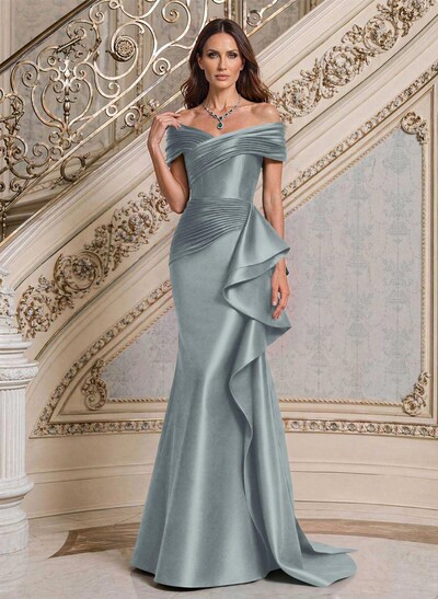 Trumpet/Mermaid Off-The-Shoulder Sweep Train Satin Mother Of The Bride Dresses With Ruffle/Pleated/Sweeping Side Drape
