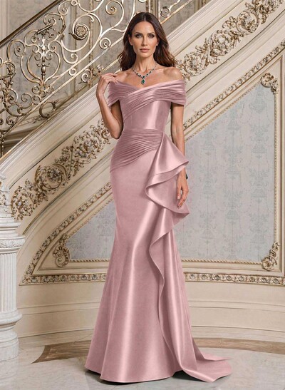 Trumpet/Mermaid Off-The-Shoulder Sweep Train Satin Mother Of The Bride Dresses With Ruffle/Pleated/Sweeping Side Drape