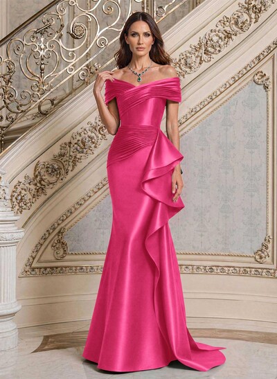 Trumpet/Mermaid Off-The-Shoulder Sweep Train Satin Mother Of The Bride Dresses With Ruffle/Pleated/Sweeping Side Drape