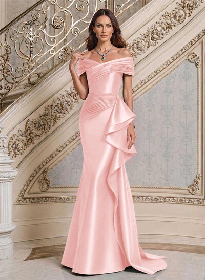 Trumpet/Mermaid Off-The-Shoulder Sweep Train Satin Mother Of The Bride Dresses With Ruffle/Pleated/Sweeping Side Drape