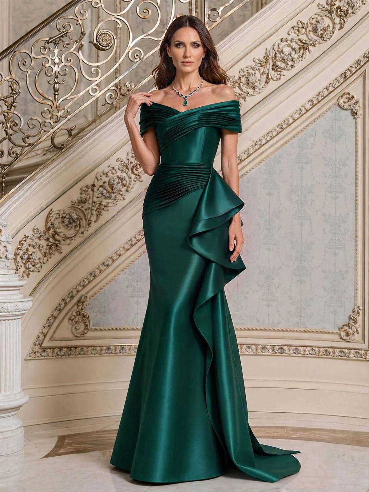 Trumpet/Mermaid Off-The-Shoulder Sweep Train Satin Mother Of The Bride Dresses With Ruffle/Pleated/Sweeping Side Drape Trumpet/Mermaid Off-The-Shoulder Sweep Train Satin Mother Of The Bride Dresses With Ruffle/Pleated/Sweeping Side Drape