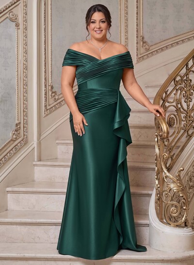Trumpet/Mermaid Off-The-Shoulder Sweep Train Satin Mother Of The Bride Dresses With Ruffle/Pleated/Sweeping Side Drape