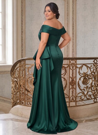Trumpet/Mermaid Off-The-Shoulder Sweep Train Satin Mother Of The Bride Dresses With Ruffle/Pleated/Sweeping Side Drape