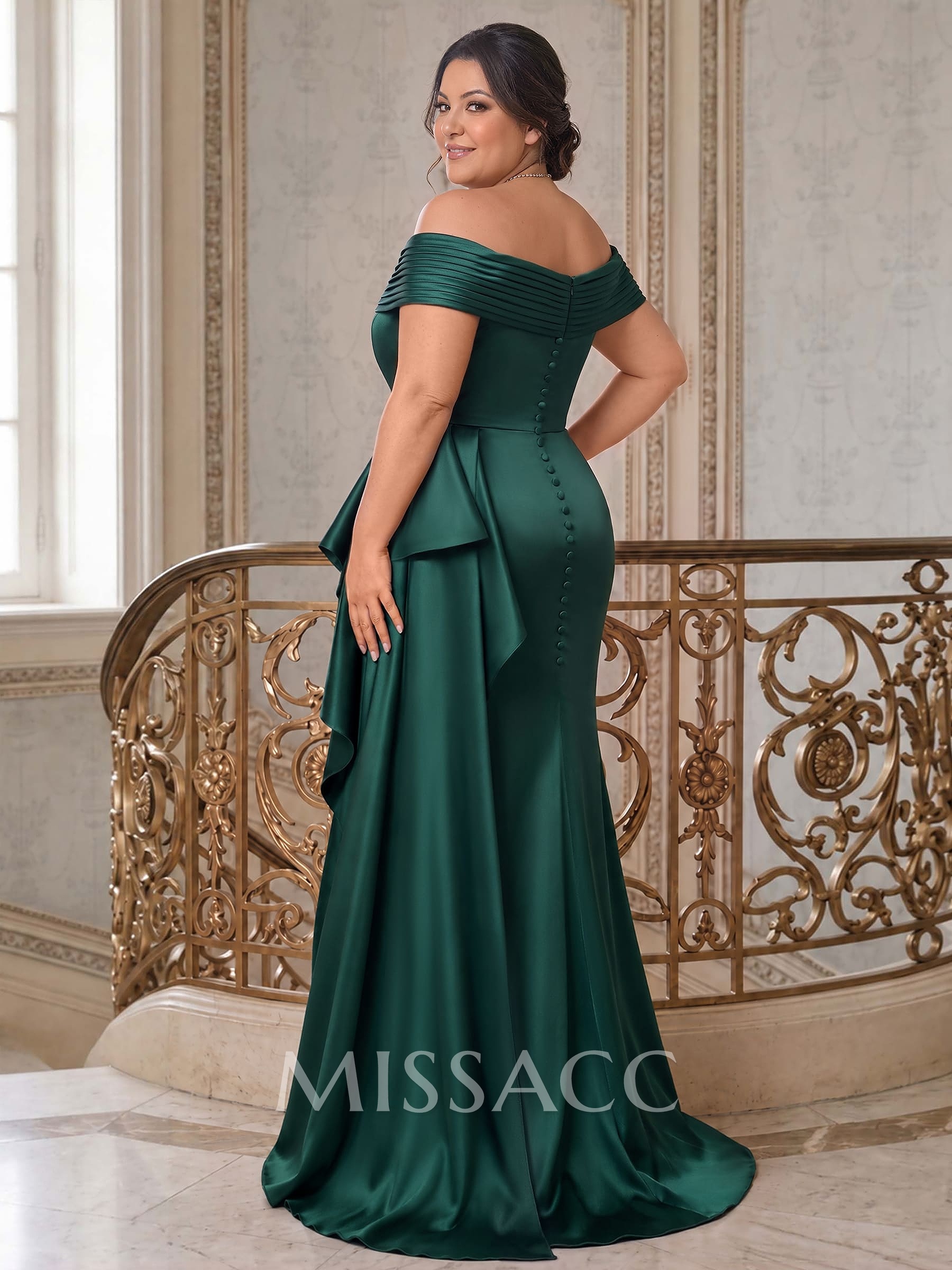 Trumpet/Mermaid Off-The-Shoulder Sweep Train Satin Mother Of The Bride Dresses With Ruffle/Pleated/Sweeping Side Drape Trumpet/Mermaid Off-The-Shoulder Sweep Train Satin Mother Of The Bride Dresses With Ruffle/Pleated/Sweeping Side Drape