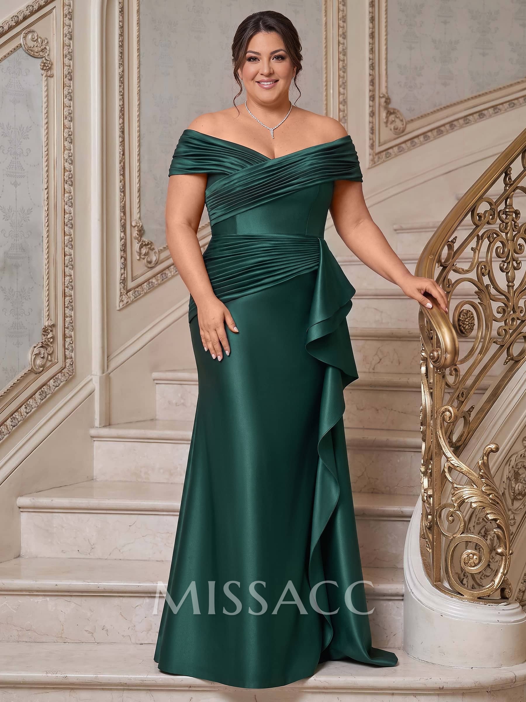 Trumpet/Mermaid Off-The-Shoulder Sweep Train Satin Mother Of The Bride Dresses With Ruffle/Pleated/Sweeping Side Drape Trumpet/Mermaid Off-The-Shoulder Sweep Train Satin Mother Of The Bride Dresses With Ruffle/Pleated/Sweeping Side Drape