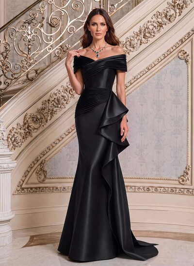 Mermaid/Trumpet Off-The-Shoulder Sweep Train Satin Mother Of The Bride Dresses With Ruffles, Pleating Or Side Drape