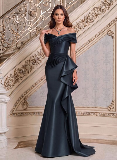 Trumpet/Mermaid Off-The-Shoulder Sweep Train Satin Mother Of The Bride Dresses With Ruffle/Pleated/Sweeping Side Drape