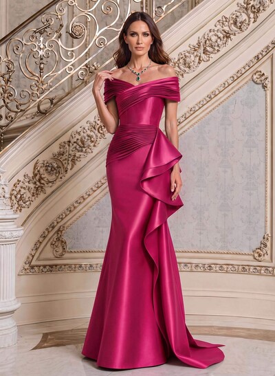 Mermaid/Trumpet Off-The-Shoulder Sweep Train Satin Mother Of The Bride Dresses With Ruffles, Pleating Or Side Drape