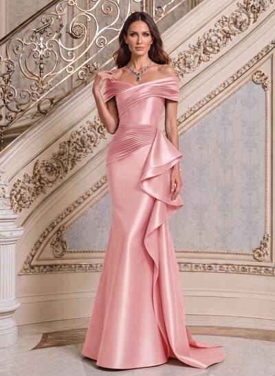Trumpet/Mermaid Off-The-Shoulder Sweep Train Satin Mother Of The Bride Dresses With Ruffle/Pleated/Sweeping Side Drape
