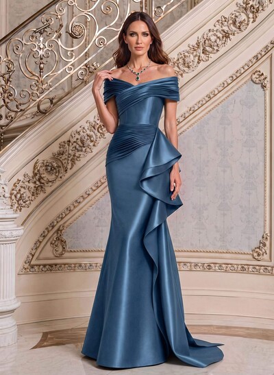 Trumpet/Mermaid Off-The-Shoulder Sweep Train Satin Mother Of The Bride Dresses With Ruffles, Pleats Or Sweeping Side Drape