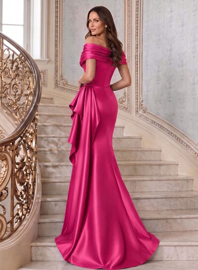 Mermaid/Trumpet Off-The-Shoulder Sweep Train Satin Mother Of The Bride Dresses With Ruffles, Pleating Or Side Drape