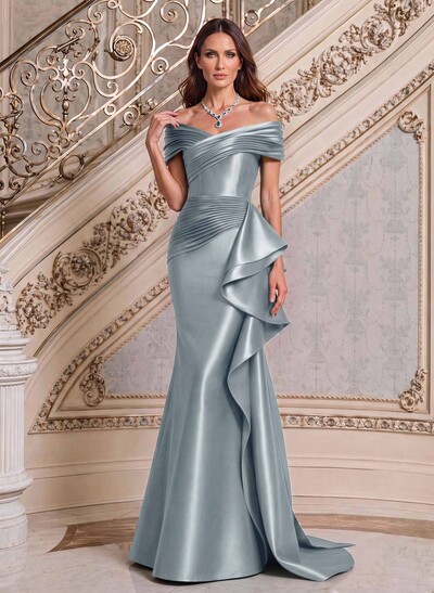 Trumpet/Mermaid Off-The-Shoulder Sweep Train Satin Mother Of The Bride Dresses With Ruffle/Pleated/Sweeping Side Drape