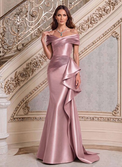 Mermaid/Trumpet Off-The-Shoulder Sweep Train Satin Mother Of The Bride Dresses With Ruffles, Pleating Or Side Drape