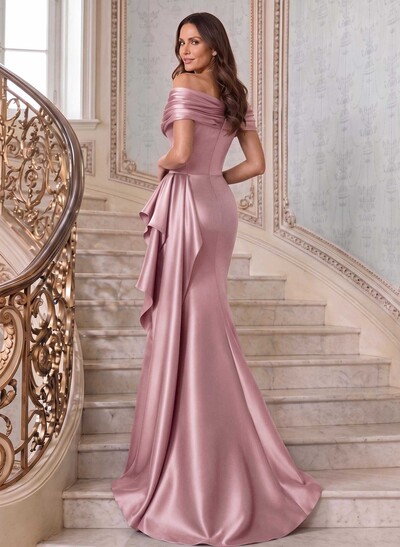 Mermaid/Trumpet Off-The-Shoulder Sweep Train Satin Mother Of The Bride Dresses With Ruffles, Pleating Or Side Drape