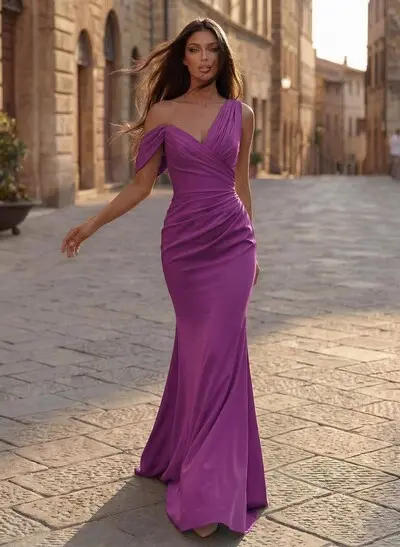 asymmetrical bridesmaid dress Bridesmaid Dress Jade 2026 Satin V-neck High-low Short Sleeves