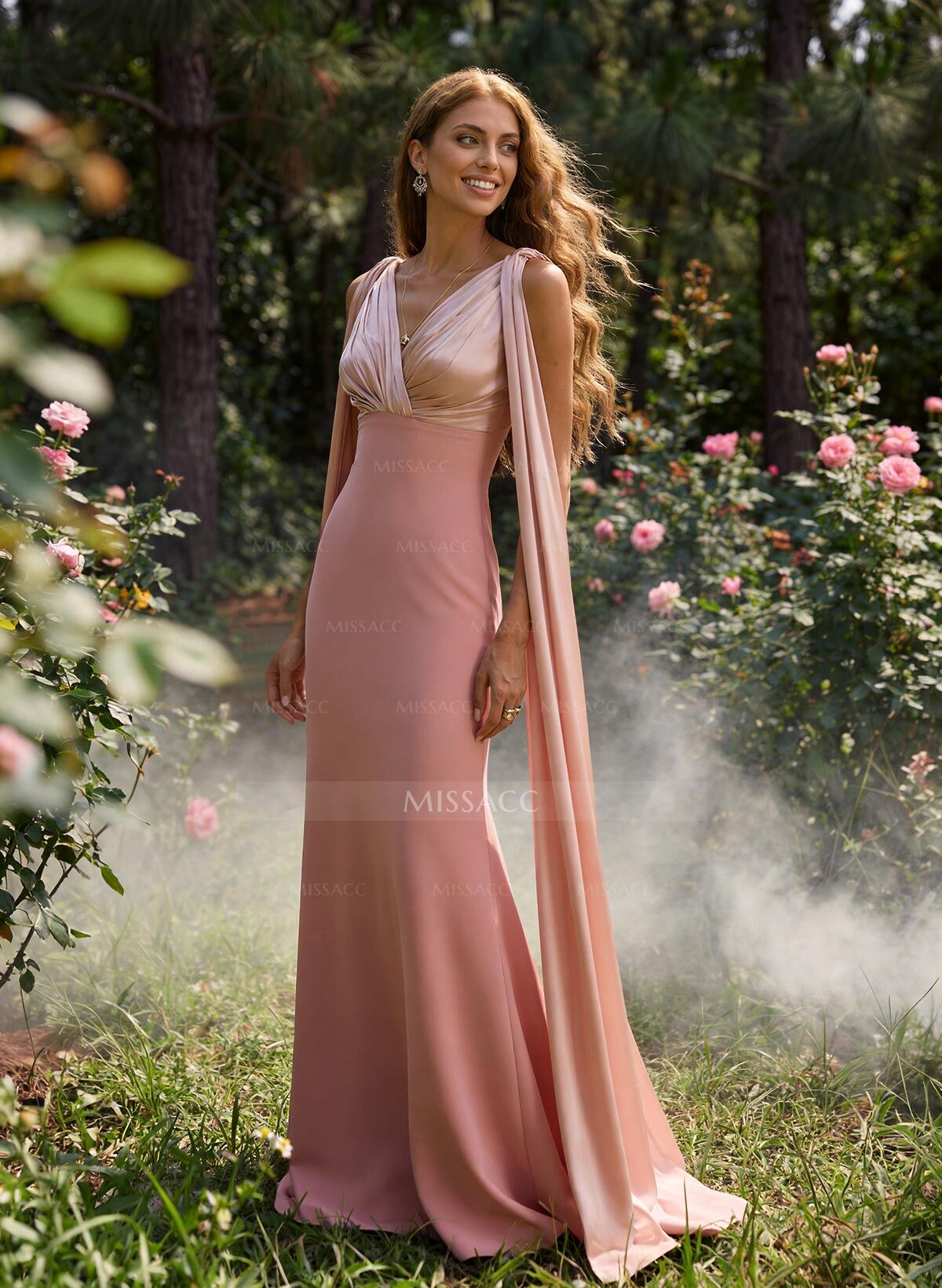 Elegant Trumpet/Mermaid V-Neck Cape Sleeves Floor-Length Elastic Satin/Charmeuse Prom Dresses