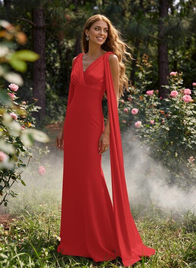Elegant Trumpet/Mermaid V-Neck Cape Sleeves Floor-Length Elastic Satin/Charmeuse Prom Dresses