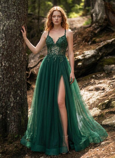 A-Line Sweetheart Sweep Train Tulle Prom Dresses With Appliques Lace/Back Hole/High Split