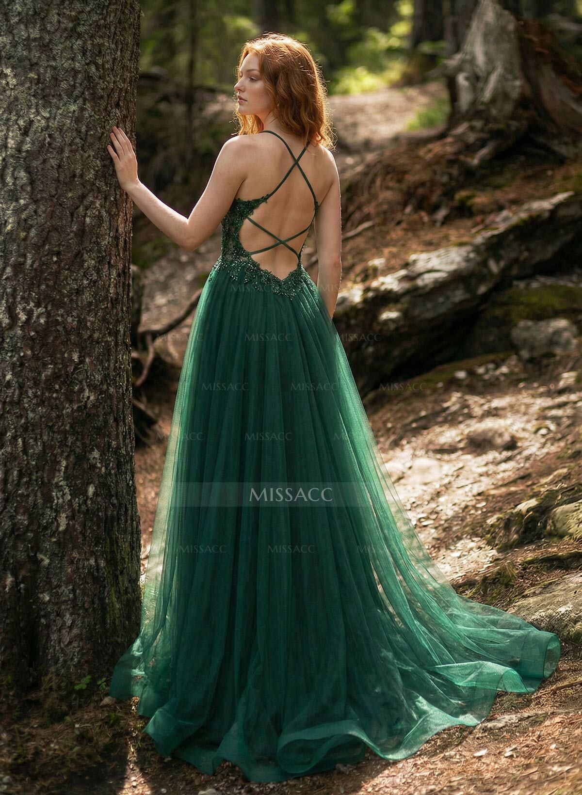 A-Line Sweetheart Sweep Train Tulle Prom Dresses With Appliques Lace/Back Hole/High Split