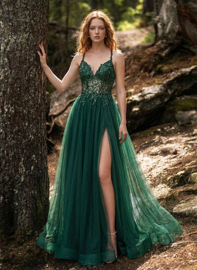 A-Line Sweetheart Sweep Train Tulle Prom Dresses With Appliques Lace/Back Hole/High Split