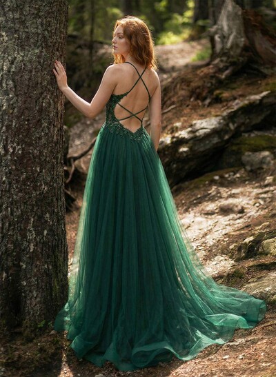 A-Line Sweetheart Sweep Train Tulle Prom Dresses With Appliques Lace/Back Hole/High Split