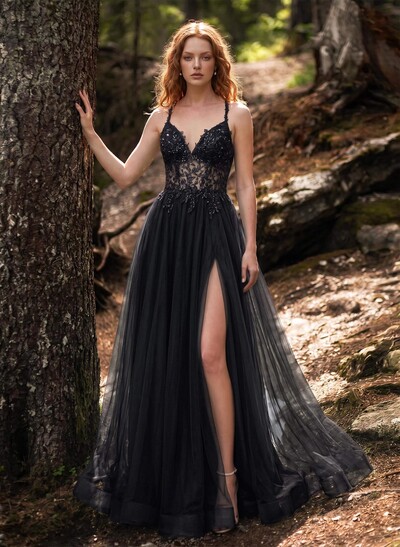 A-Line Sweetheart Sweep Train Tulle Prom Dresses With Appliques Lace/Back Hole/High Split