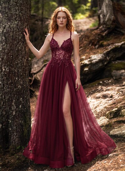 A-Line Sweetheart Sweep Train Tulle Prom Dresses With Appliques Lace/Back Hole/High Split