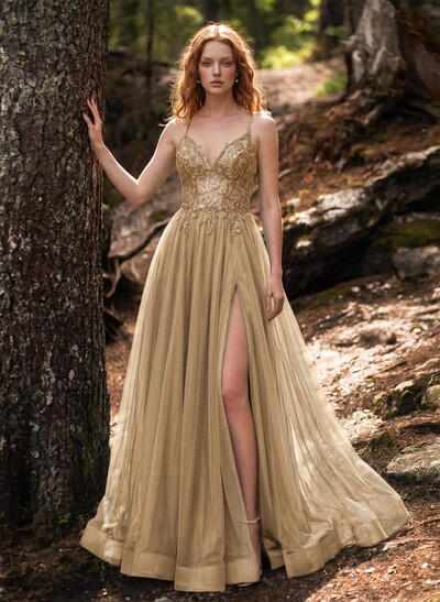 A-Line Sweetheart Sweep Train Tulle Prom Dresses With Appliques Lace/Back Hole/High Split