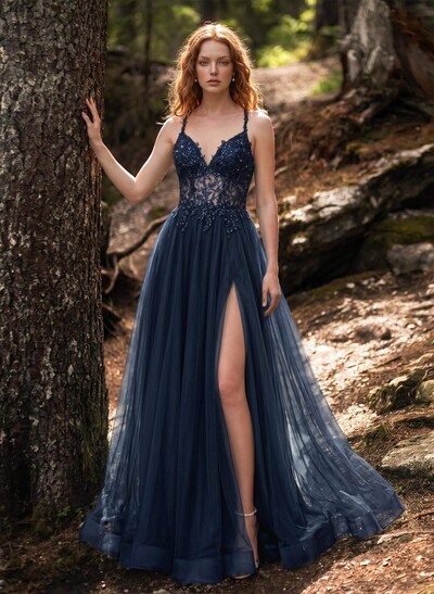 A-Line Sweetheart Sweep Train Tulle Prom Dresses With Appliques Lace/Back Hole/High Split