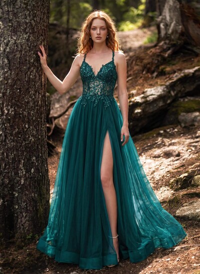 A-Line Sweetheart Sweep Train Tulle Prom Dresses With Appliques Lace/Back Hole/High Split