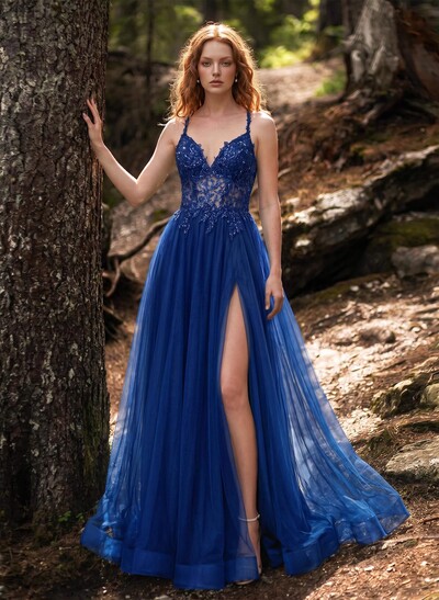 A-Line Sweetheart Sweep Train Tulle Prom Dresses With Appliques Lace/Back Hole/High Split