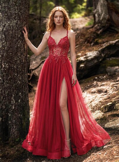 A-Line Sweetheart Sweep Train Tulle Prom Dresses With Appliques Lace/Back Hole/High Split