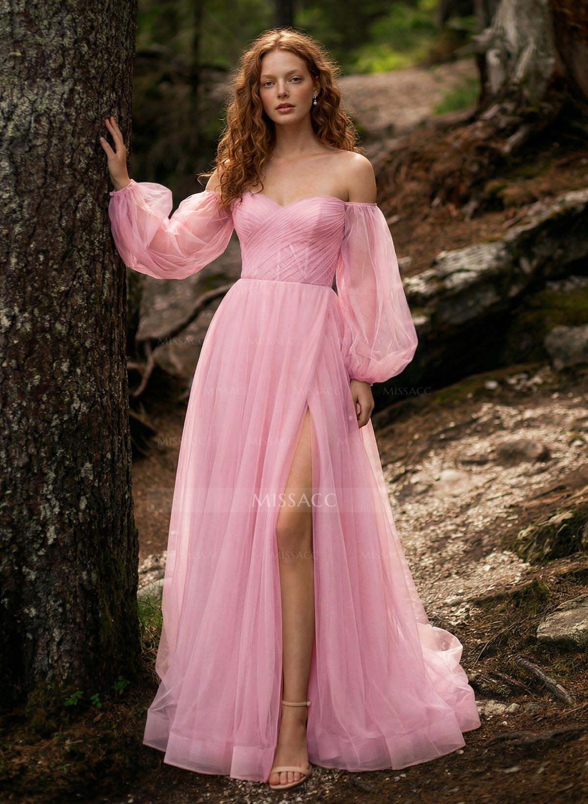Sweet & Flow A-Line Sweetheart Long Sleeves Sweep Train Tulle Prom Dresses With High Split