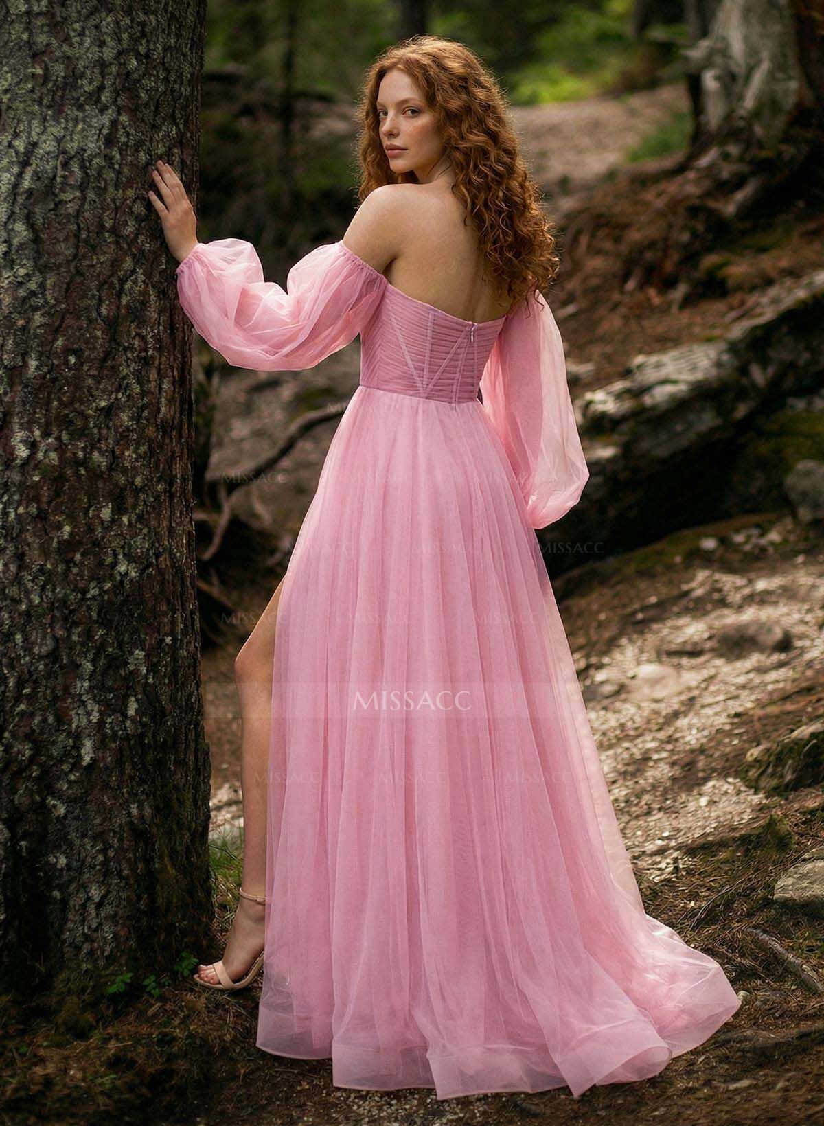 Sweet & Flow A-Line Sweetheart Long Sleeves Sweep Train Tulle Prom Dresses With High Split