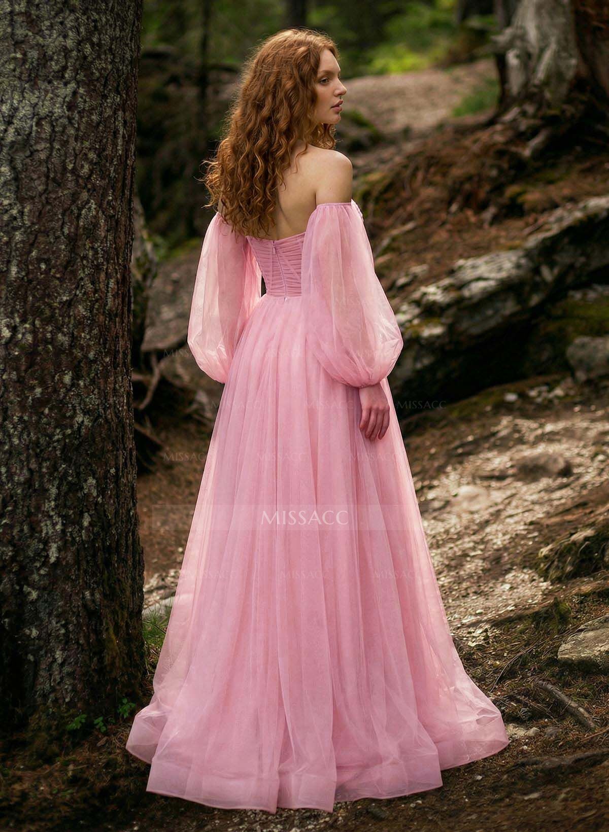 Sweet & Flow A-Line Sweetheart Long Sleeves Sweep Train Tulle Prom Dresses With High Split