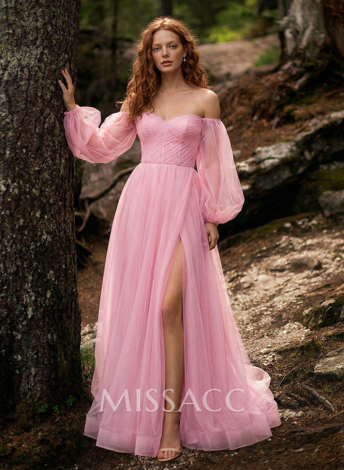 Sweet & Flow A-Line Sweetheart Long Sleeves Sweep Train Tulle Prom Dresses With High Split Sweet & Flow A-Line Sweetheart Long Sleeves Sweep Train Tulle Prom Dresses With High Split