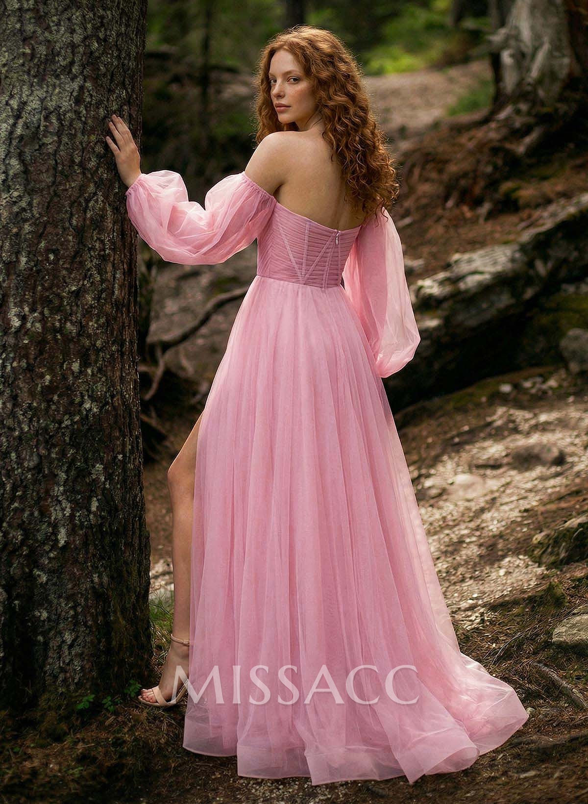 Sweet & Flow A-Line Sweetheart Long Sleeves Sweep Train Tulle Prom Dresses With High Split Sweet & Flow A-Line Sweetheart Long Sleeves Sweep Train Tulle Prom Dresses With High Split