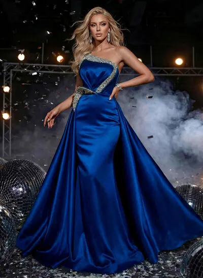 Sheath/Column One-Shoulder Sleeveless Sweep Train Satin Prom Dresses With Rhinestone/Overskirt Dress