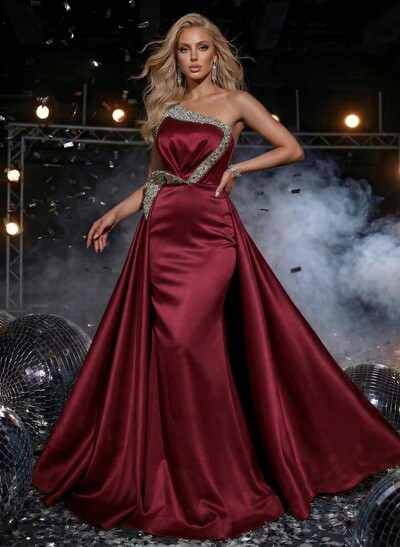 Sheath/Column One-Shoulder Sleeveless Sweep Train Satin Prom Dresses With Rhinestone/Overskirt Dress